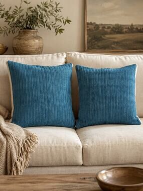 Villa Classic Home Set of 2 Blue Linen Pillow Covers Square Teal Textured Zip